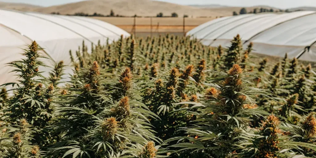 A sprawling field of cannabis plants with orange pistils, thriving under a bright sky, with two white tunnels and distant hills in the background.