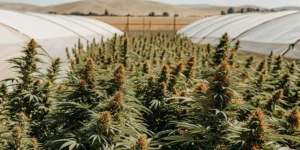A sprawling field of cannabis plants with orange pistils, thriving under a bright sky, with two white tunnels and distant hills in the background.