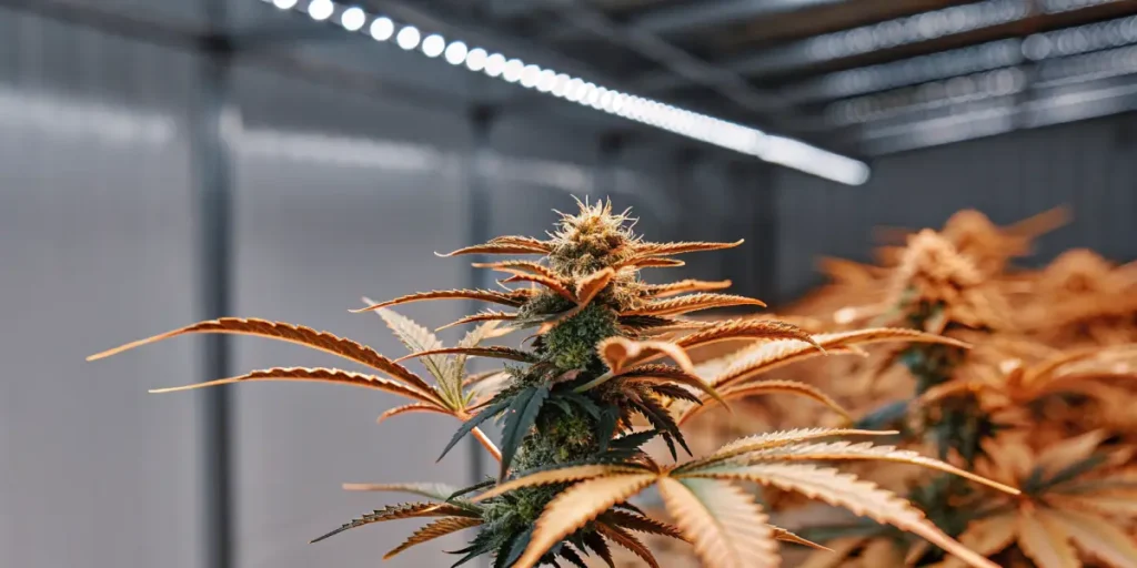 Close-up shot of a cannabis plant being watered in a sunlit greenhouse, with water droplets visible.