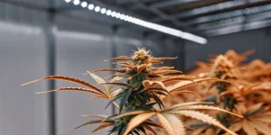 Close-up shot of a cannabis plant being watered in a sunlit greenhouse, with water droplets visible.
