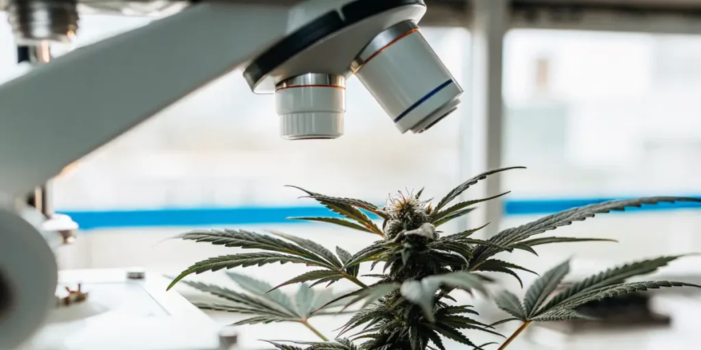 Close-up of a cannabis plant with prominent buds, positioned under the objective lens of a microscope for inspection in a laboratory setting.