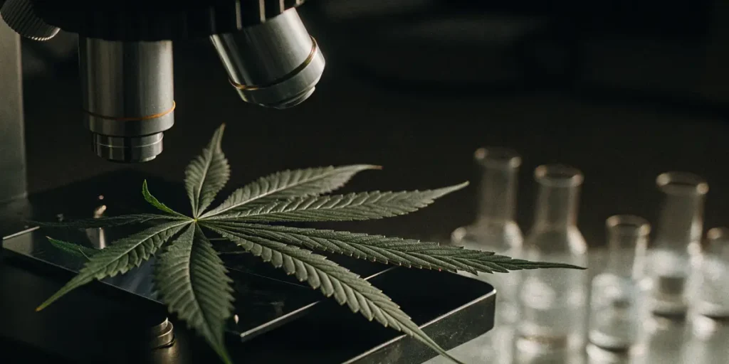 Close-up, hyper-realistic image of a cannabis leaf on a microscope stage, with test tubes in the background, in a dimly lit lab.