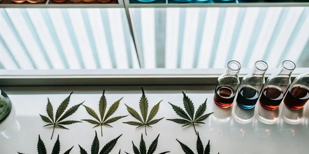 Overhead view: laboratory table with cannabis leaves and colored liquids in scientific vials.