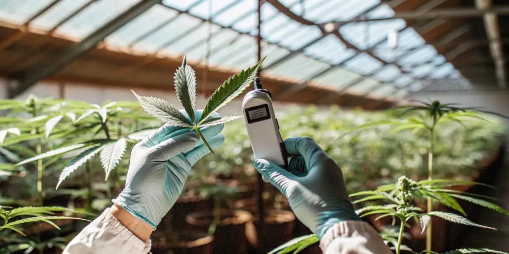 Gloved hands holding a cannabis leaf and a scientific device in a bright greenhouse.