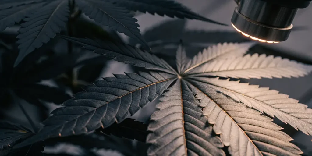 Detailed macro photograph of a cannabis leaf under an overhead grow light, showing vein patterns.