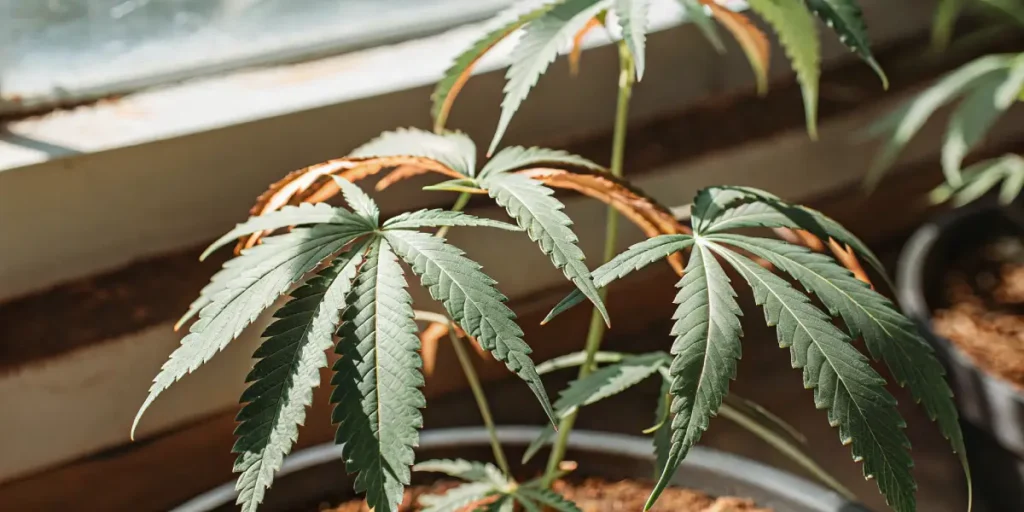 Detailed macro photograph of several cannabis leaves, some showing browning edges, in a pot.