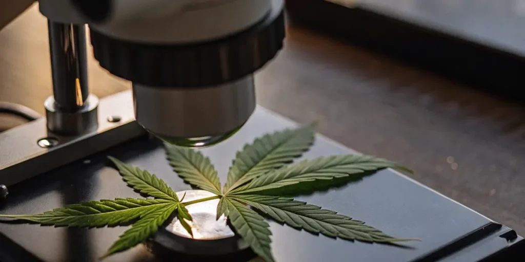 Close-up of a cannabis leaf positioned on a dark stage for examination under a microscope, with light shining on the leaf.