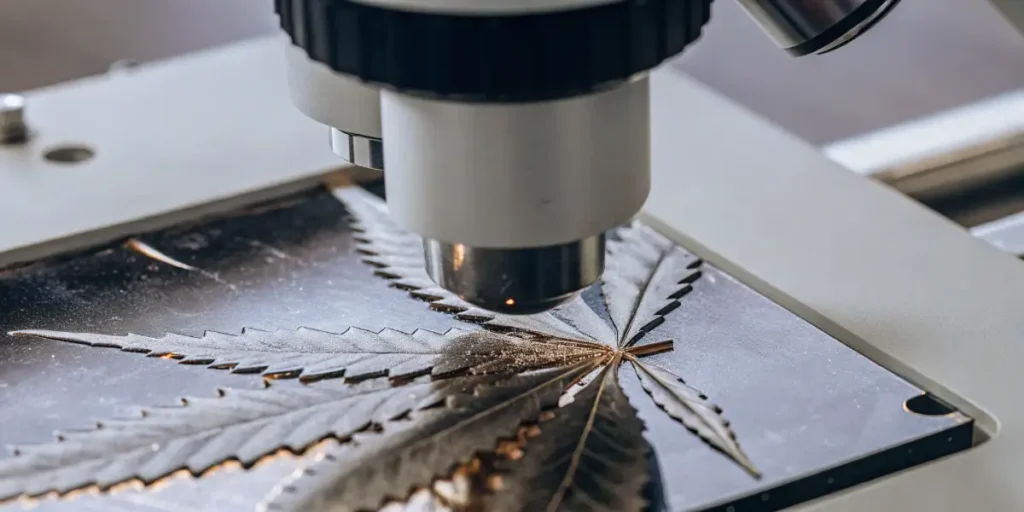 Close-up, hyper-detailed view of a cannabis leaf under the lens of a microscope, for scientific analysis.