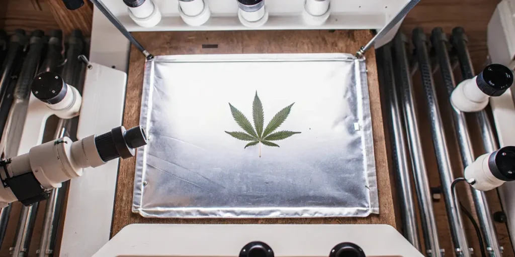 Overhead shot: cannabis leaf on a silver surface under laboratory microscopes and lights.