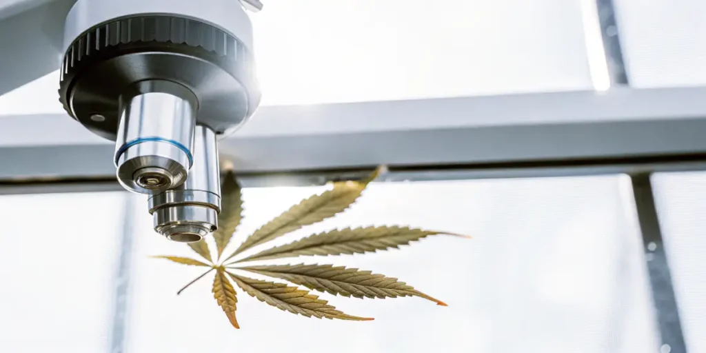 Close-up of a cannabis leaf with amber hues positioned under the lens of a microscope, in a bright laboratory.