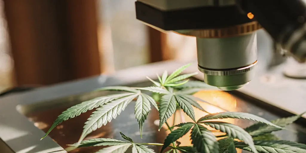 Close-up shot of a vibrant cannabis leaf being examined under the lens of a microscope, in a sunlit room.