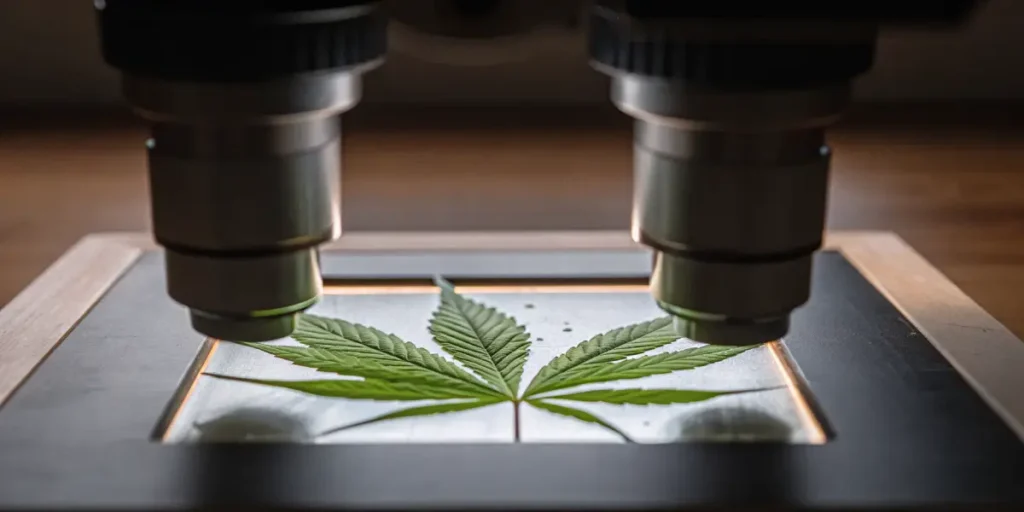 Macro photograph of a cannabis leaf being examined under a powerful stereo microscope, in a laboratory.