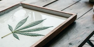 Overhead shot of a cannabis leaf floating in a tray of white resin, on a wooden table.