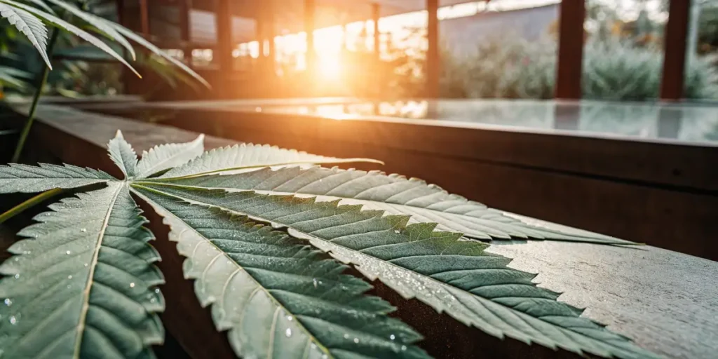 Hyper-realistic macro photograph of a cannabis leaf on a wooden surface, with a blurred pool and sunset light in the background.