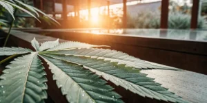 Hyper-realistic macro photograph of a cannabis leaf on a wooden surface, with a blurred pool and sunset light in the background.