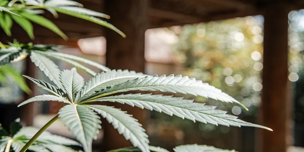 Close-up macro shot of a vibrant green cannabis leaf, beautifully illuminated by natural sunlight, with a blurred outdoor porch in the background.