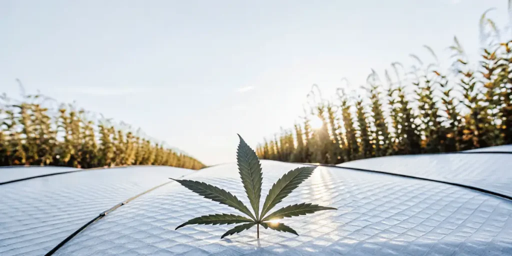 Hyper-realistic macro photograph of a cannabis leaf on a white textured surface, with plants and sunflare in the background.