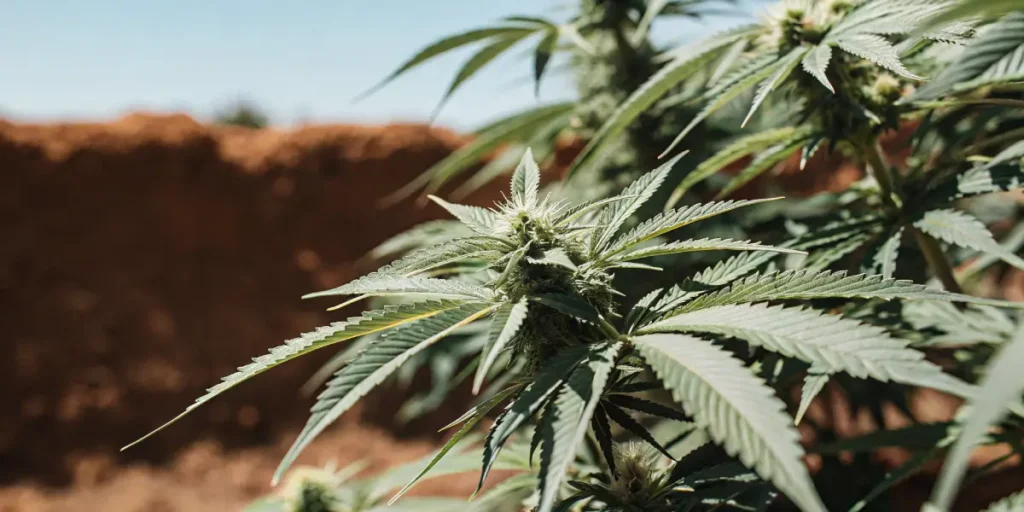 Close-up of a vibrant green cannabis plant with dense buds against a reddish-brown, dry background.