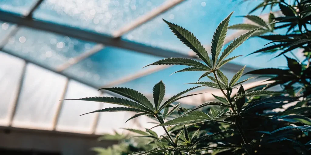 Close-up of a lush cannabis plant with vibrant green leaves against a bright blue greenhouse sky.