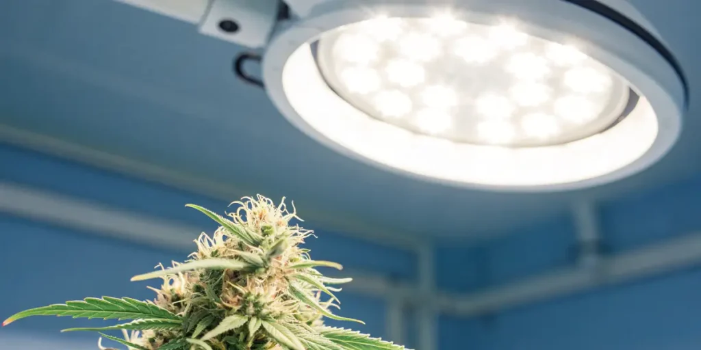 Close-up of a cannabis plant with a dense, frosty bud, under a bright white laboratory light.