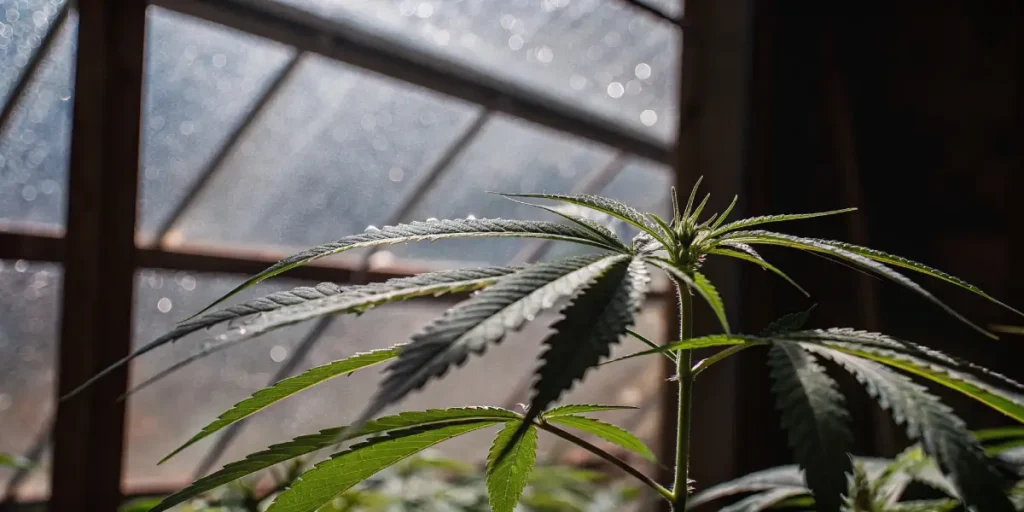 Close-up of a vibrant green cannabis plant with sunlit leaves in a greenhouse.