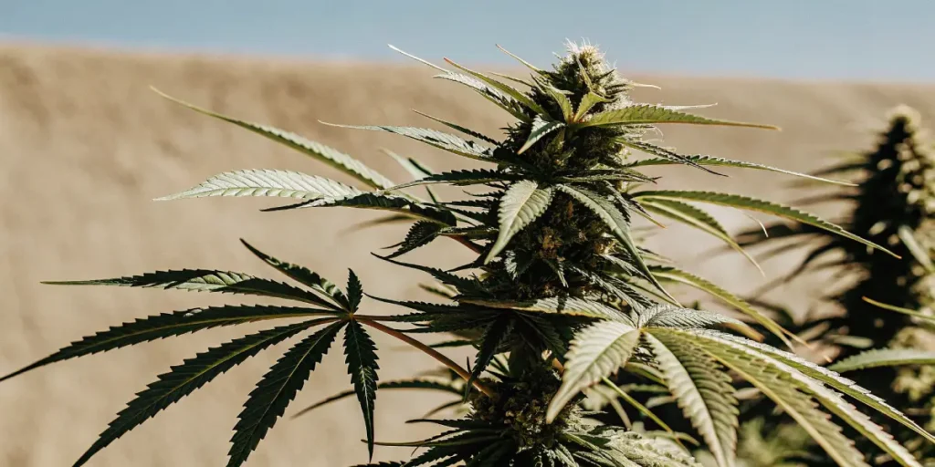 Close-up of a vibrant green cannabis plant with prominent buds against a textured, light-colored wall and a blue sky.