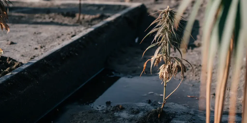 Close-up of a waterlogged, wilting cannabis plant in dark, cracked mud beside a trench.