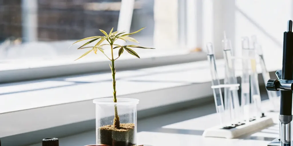 Close-up of a young cannabis plant in a clear container on a lab bench, with test tubes and bright light from a window in the background.