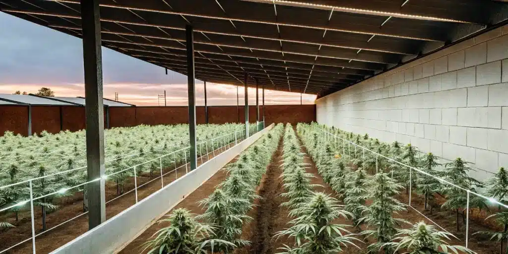 Overhead view of a cannabis plantation at dusk with rows of plants and a walkway between modern structures, with string lights.