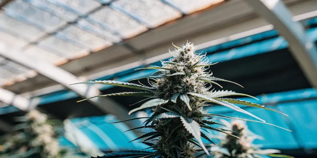 Macro photograph of a cannabis plant with dense, resinous buds and prominent white pistils, with a blurred greenhouse roof in the background.