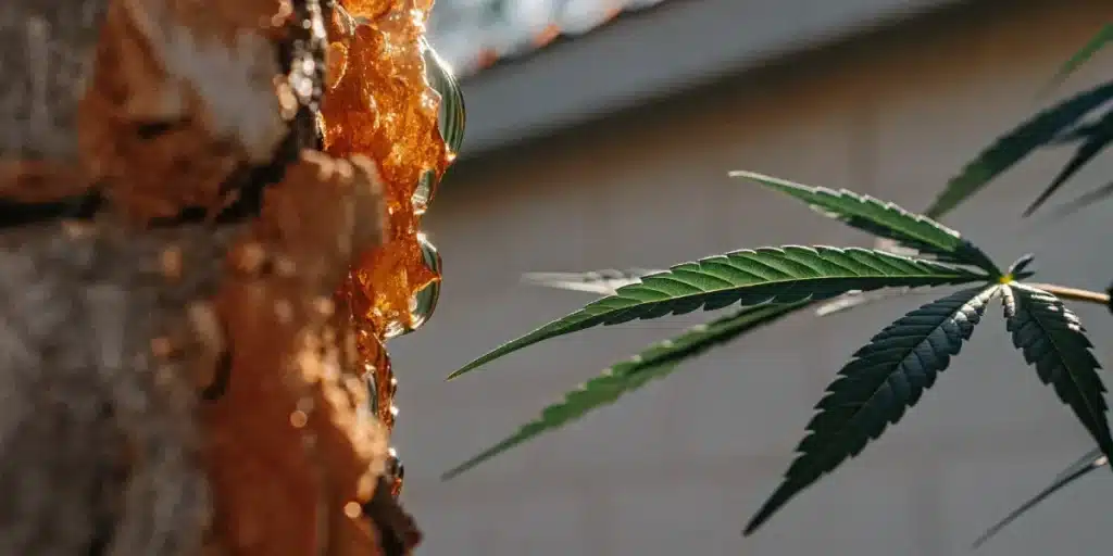 Close-up of golden resin dripping from a brick wall, with a cannabis leaf in the foreground, under bright sunlight.