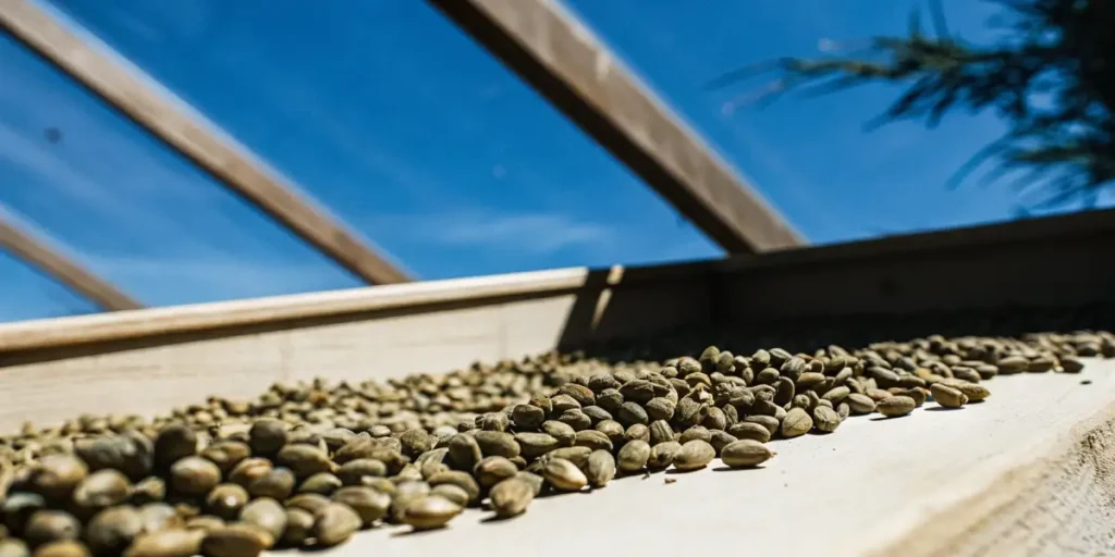 Close-up of numerous cannabis seeds scattered on a sunlit wooden windowsill, with a clear blue sky and greenhouse roof in the background.