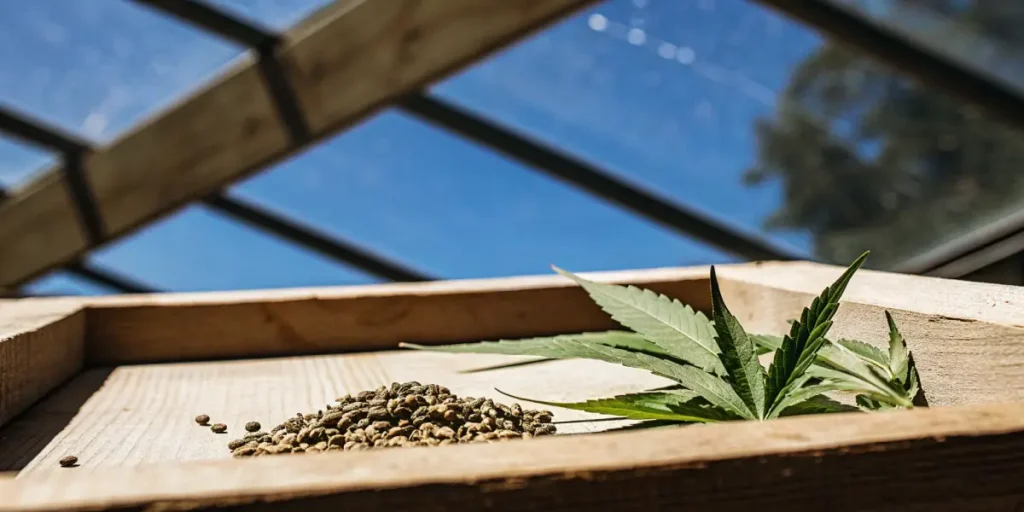 Close-up of a pile of cannabis seeds and a leaf in a wooden tray, with a clear blue sky through a greenhouse roof in the background.