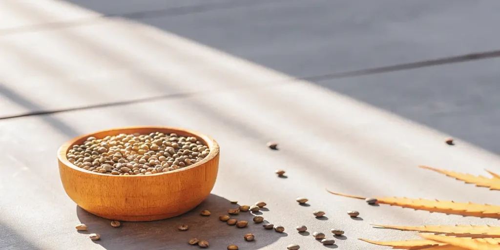 Macro photograph of a wooden bowl filled with cannabis seeds, with loose seeds and dried leaves on a sunlit table.