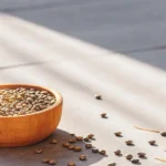 Macro photograph of a wooden bowl filled with cannabis seeds, with loose seeds and dried leaves on a sunlit table.