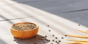Macro photograph of a wooden bowl filled with cannabis seeds, with loose seeds and dried leaves on a sunlit table.