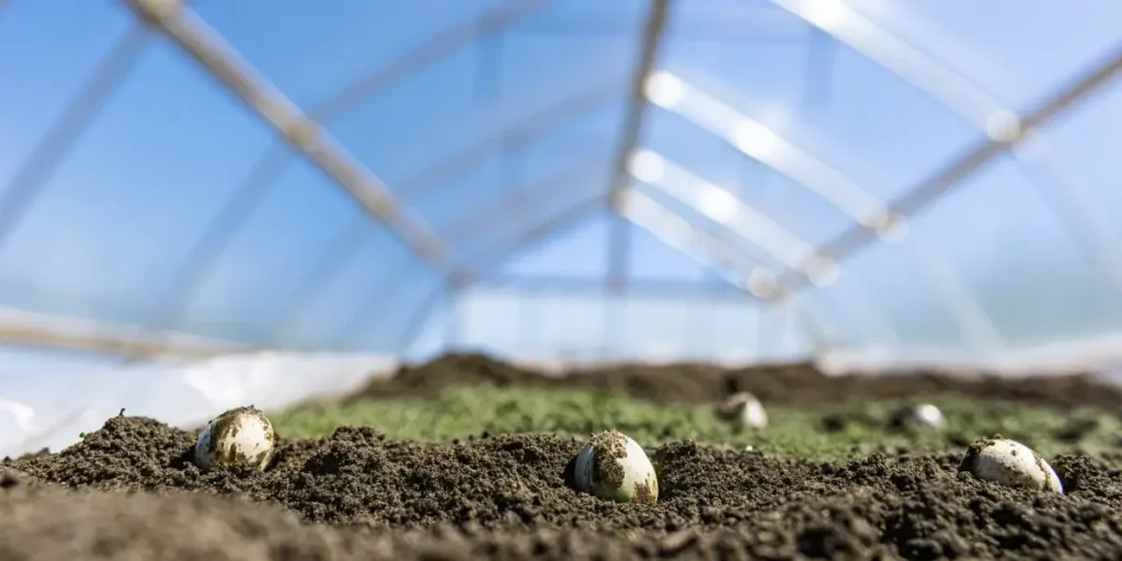 Close-up of premium cannabis seeds nestled in rich, dark soil in a greenhouse, with green sprouts and a bright sky.