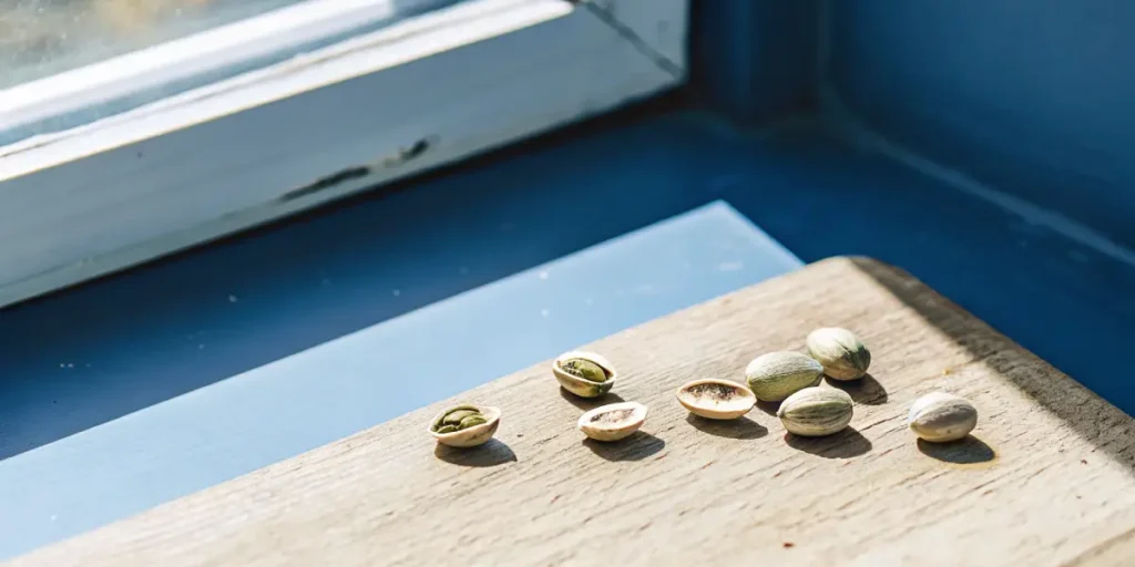Collection of premium cannabis seeds, some cracked open, on a wooden board on a blue windowsill.
