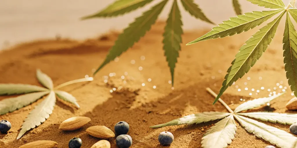 Close-up of vibrant green cannabis leaves on a sandy surface with almonds and blueberries, under a warm glow.