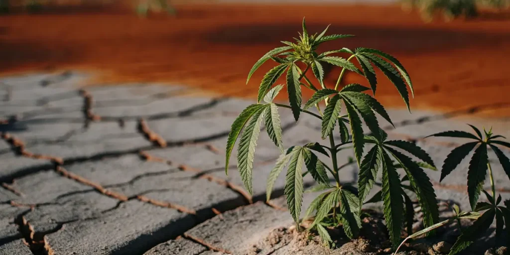 Close-up of a green cannabis plant with dark leaves on cracked dry soil with reddish areas.