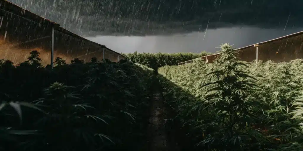 Cannabis farm with rows of plants during a sudden rainstorm and dark clouds.