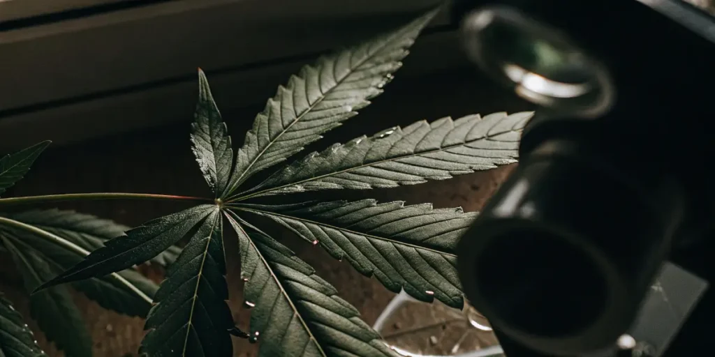 Close-up of a cannabis leaf with water droplets near a microscope lens.