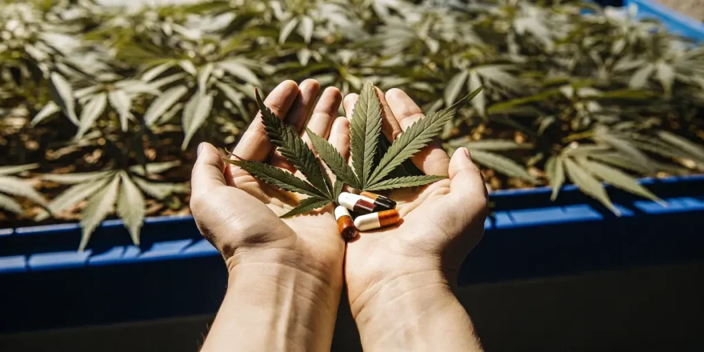 Hands holding a cannabis leaf and pills above a plant.