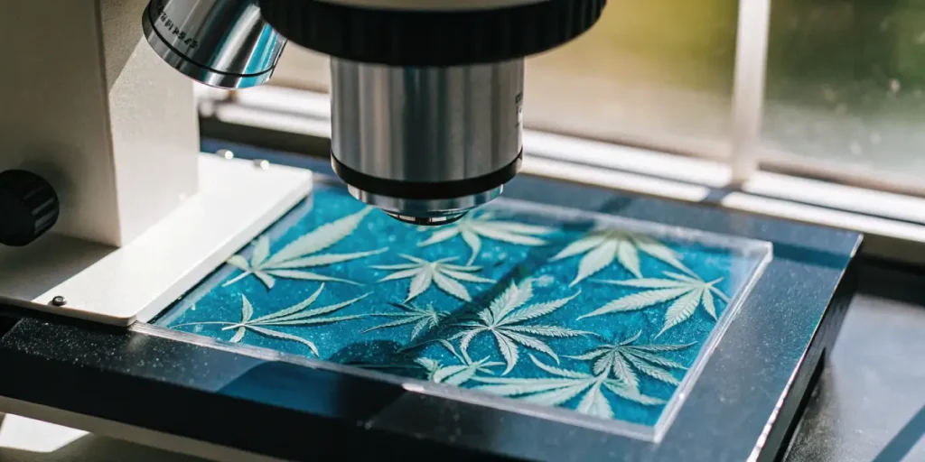 Microscope analyzing several cannabis leaves on a blue slide.