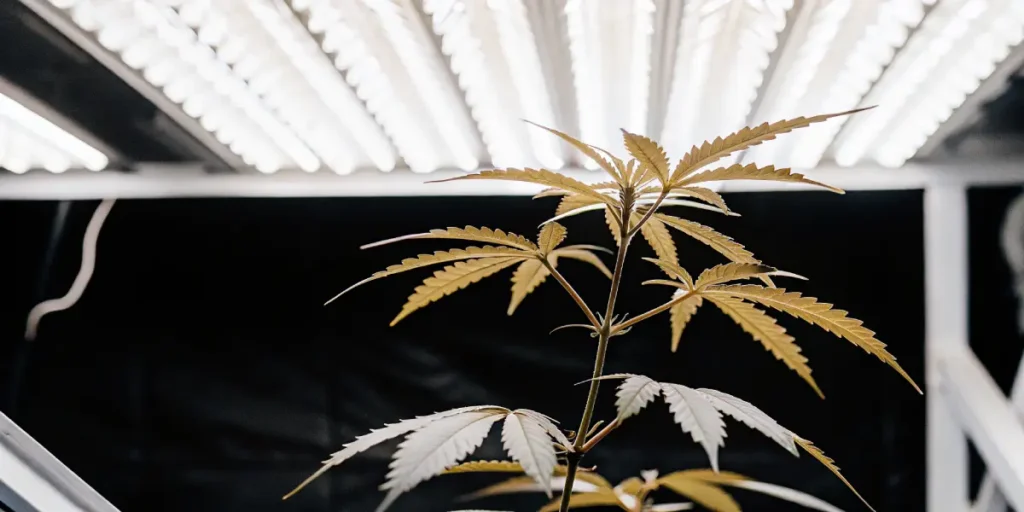 Cannabis plant with yellow-green leaves under bright lab lights.