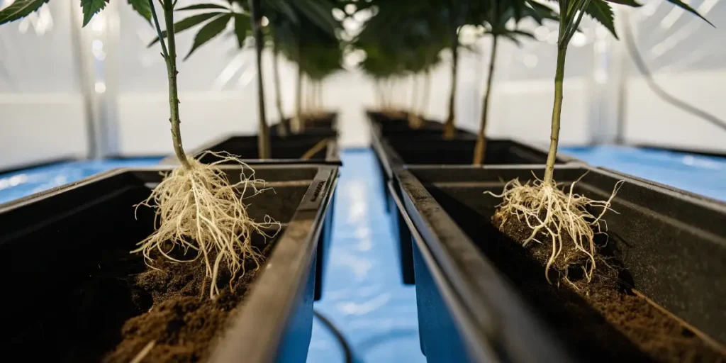 Macro shot of cannabis plants with intricate root systems visible in pots.
