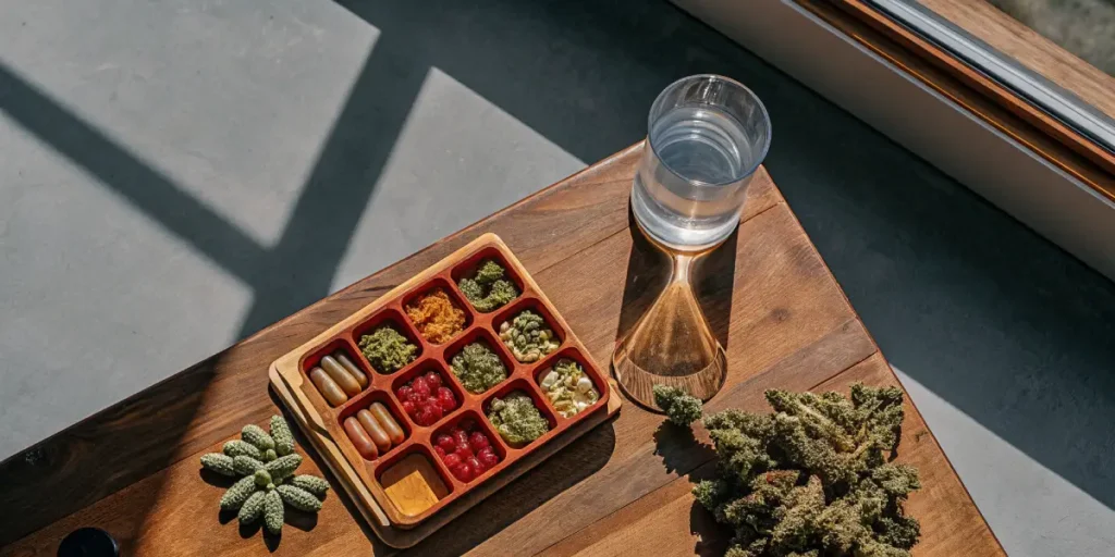 Rustic table with cannabis buds, capsules, and a selection tray.