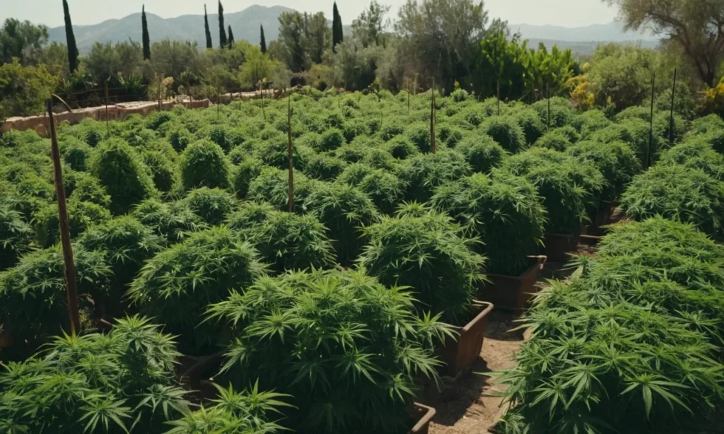 Grow Chocolope Kush Regular outdoors with abundant bushy plants in pots, benefiting from sunlight and optimal space distribution.