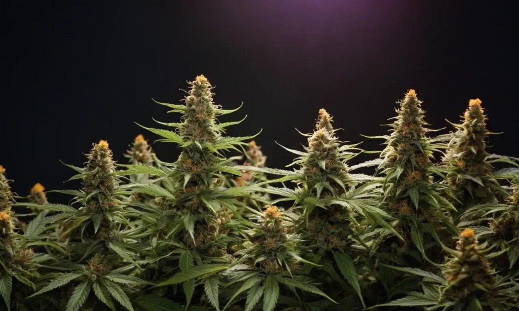 Mature Chocolope x Candy cannabis buds under grow light.