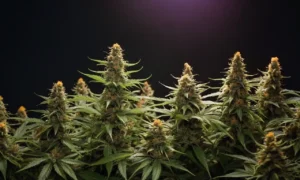 Mature Chocolope x Candy cannabis buds under grow light.